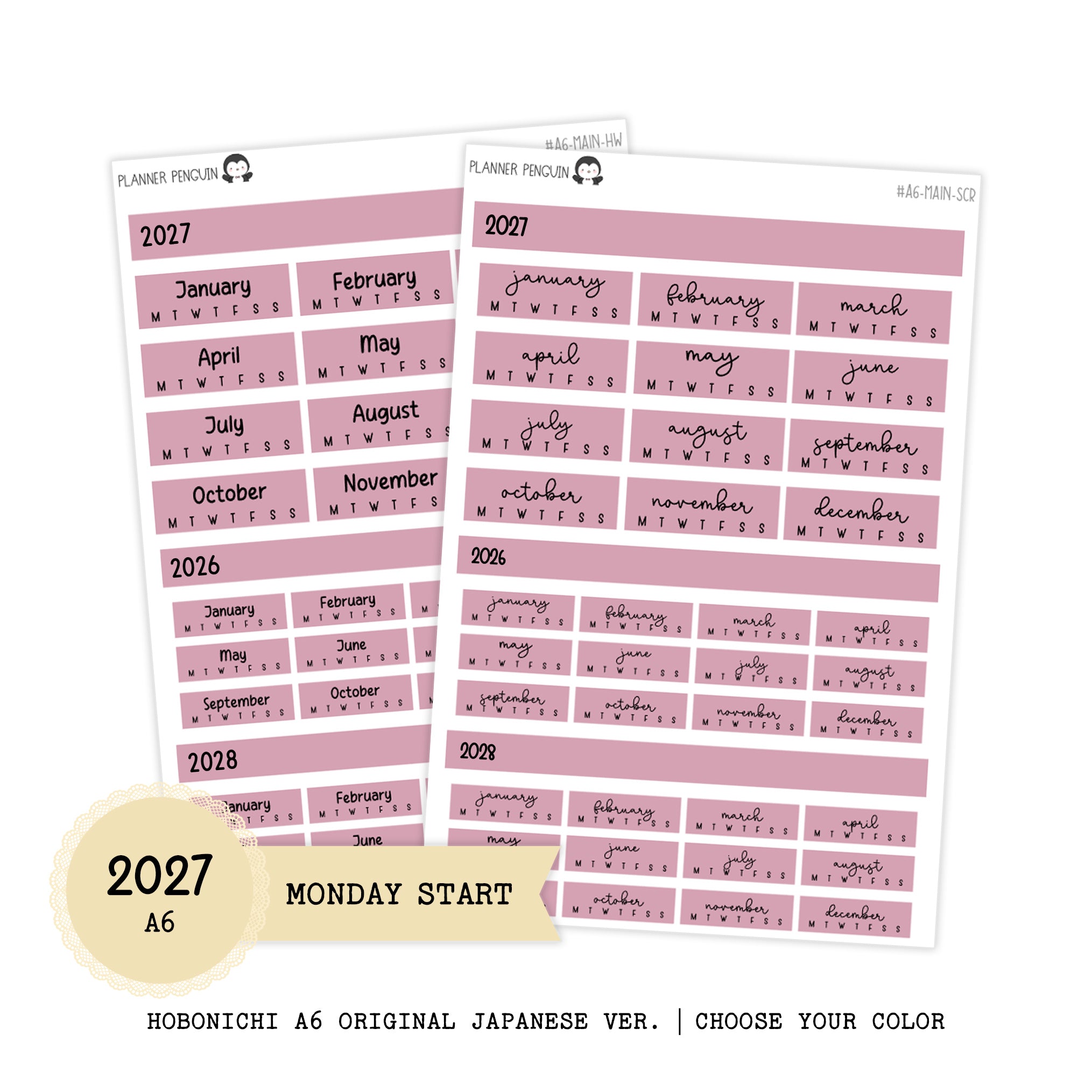 2027 Hobonichi A6 Original Japanese MONDAY start Yearly view Stickers // #A6-MAIN-COLOR