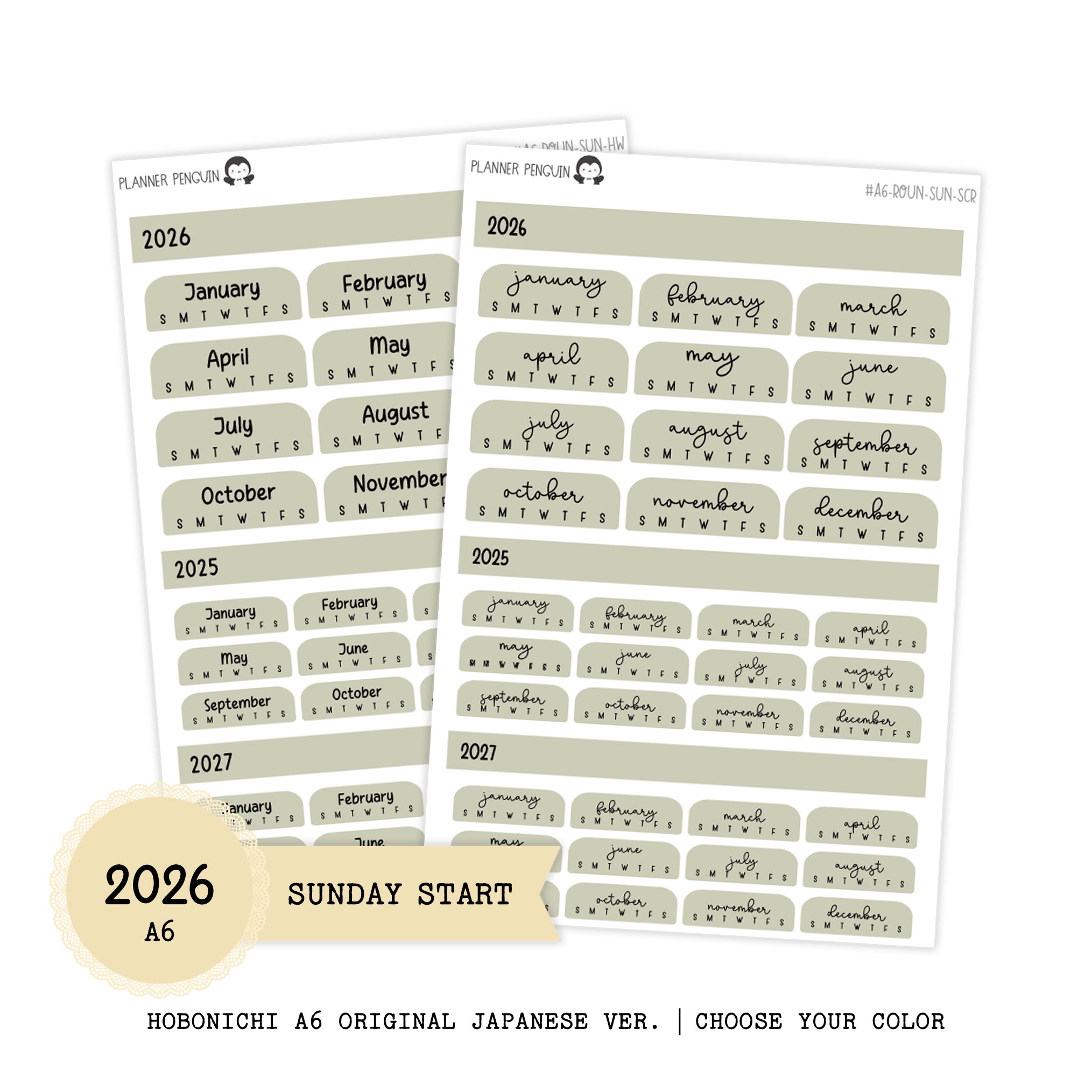 2026 Hobonichi A6 Original Japanese SUNDAY start Yearly view Stickers // #A6-SUNDAY-ROUND-COLOR