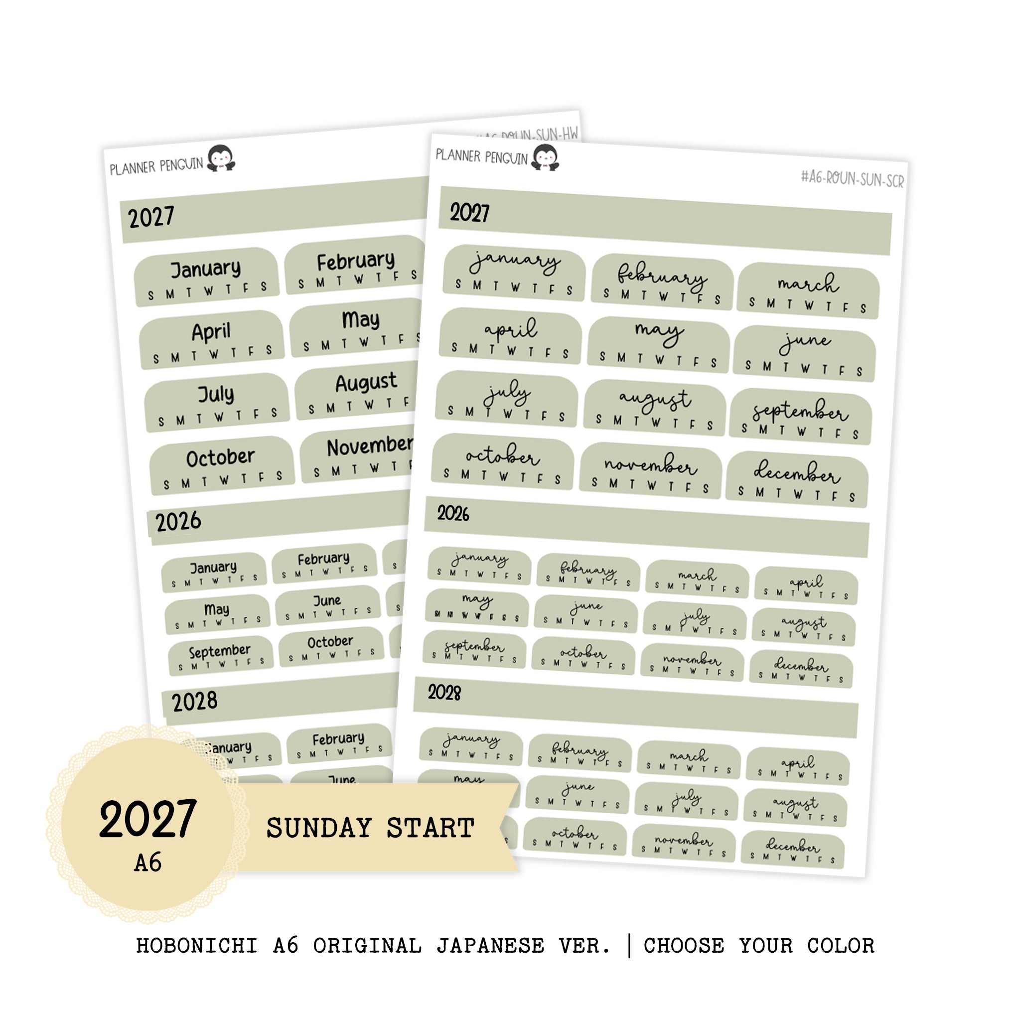 2027 Hobonichi A6 Original Japanese SUNDAY start Yearly view Stickers // #A6-SUNDAY-ROUND-COLOR