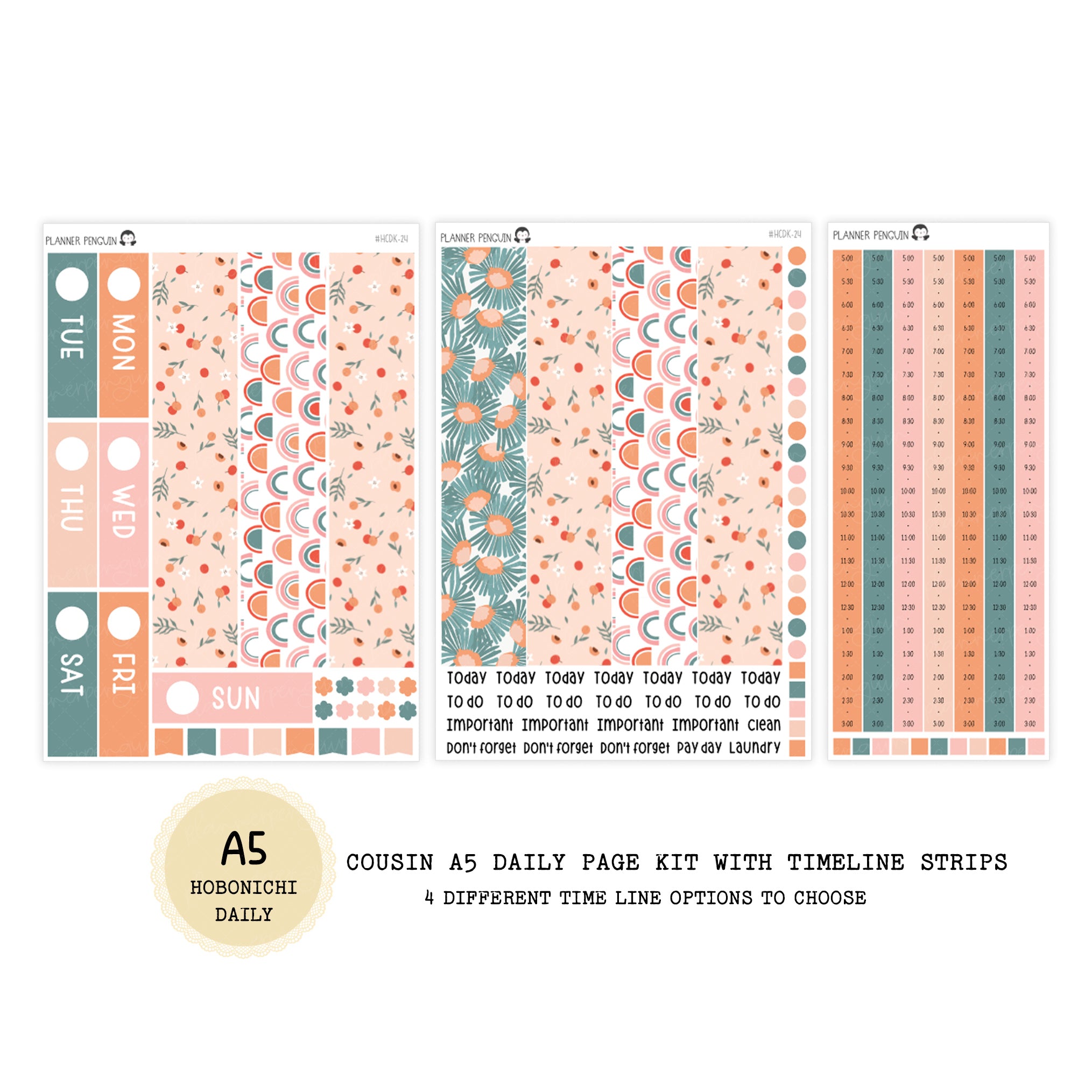 Peach Floral - Daily Kit - Hobonichi Cousin A5 , A6 orginial Techo // #DK-24