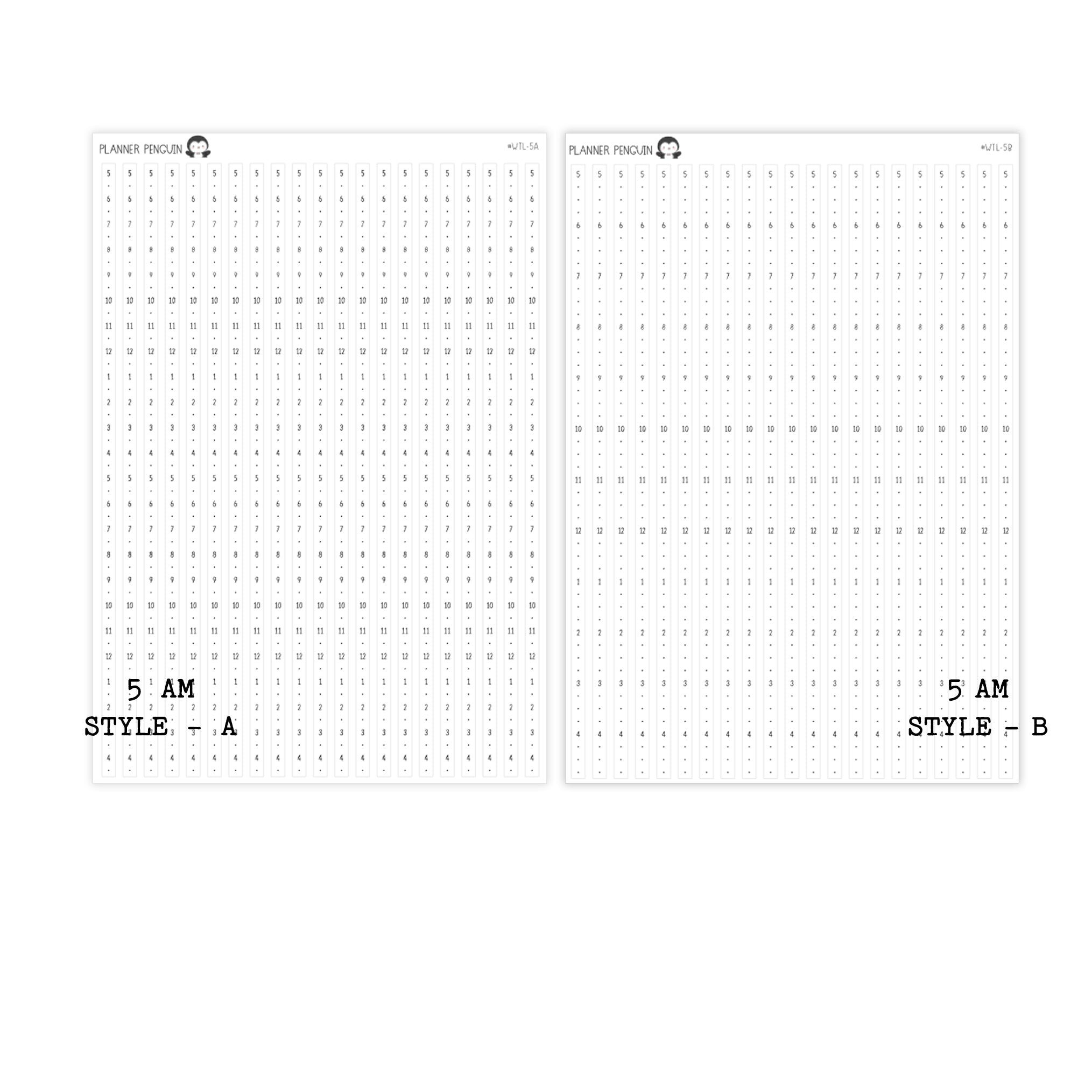 Hobonichi Cousin A5 Weekly Timeline Strips | 5AM | 6AM | 7AM | 8AM | Planner Stickers | #WTL-B&W