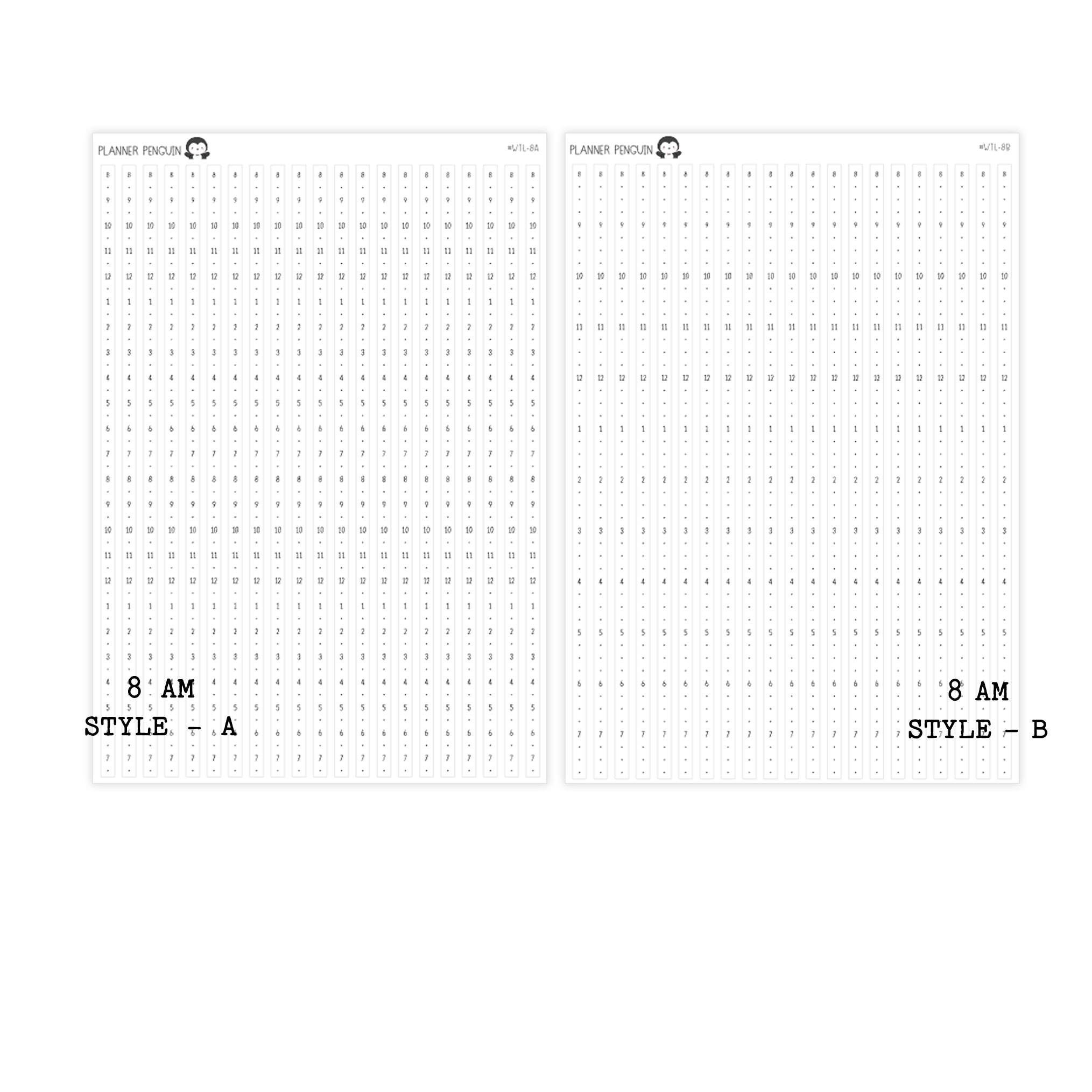 Hobonichi Cousin A5 Weekly Timeline Strips | 5AM | 6AM | 7AM | 8AM | Planner Stickers | #WTL-B&W