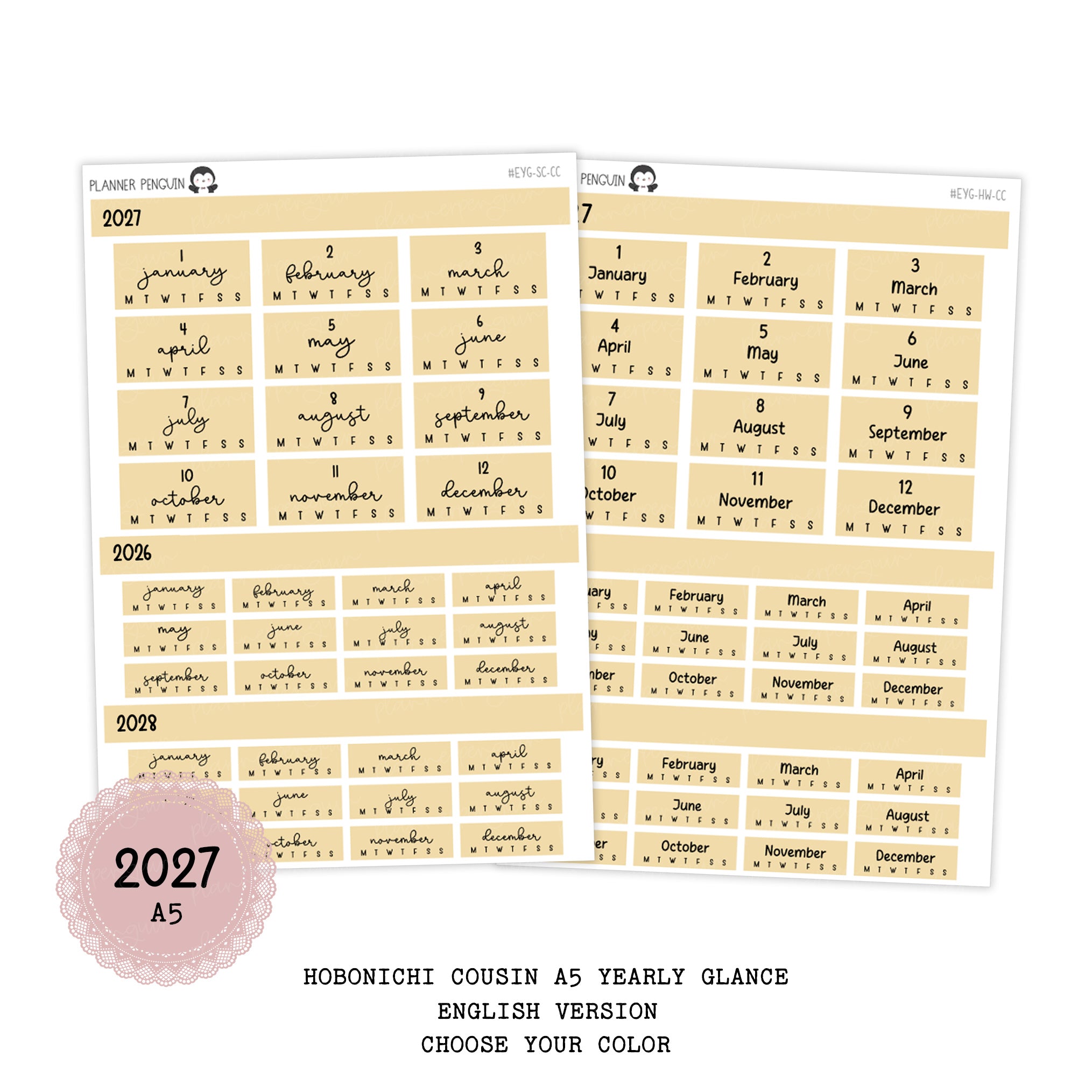 A planner sticker sheet labeled 'PLANNER STICKERS' with monthly calendar grids for winter months, shown on a white background with text reading '2027 A5' and 'HOBONICHI COUSIN A5 YEARLY GLANCE ENGLISH VERSION CHOOSE YOUR COLOR'.