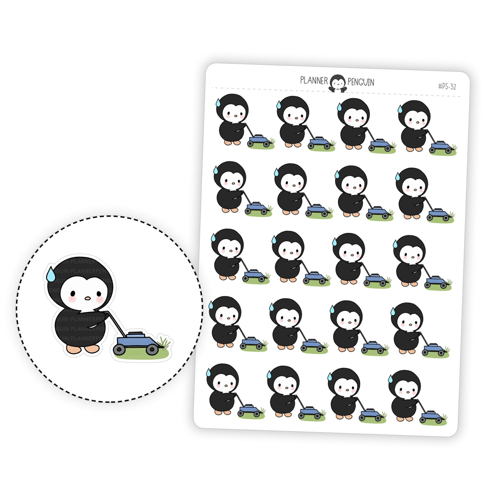 Lawn Mowing Penguin Planner Stickers