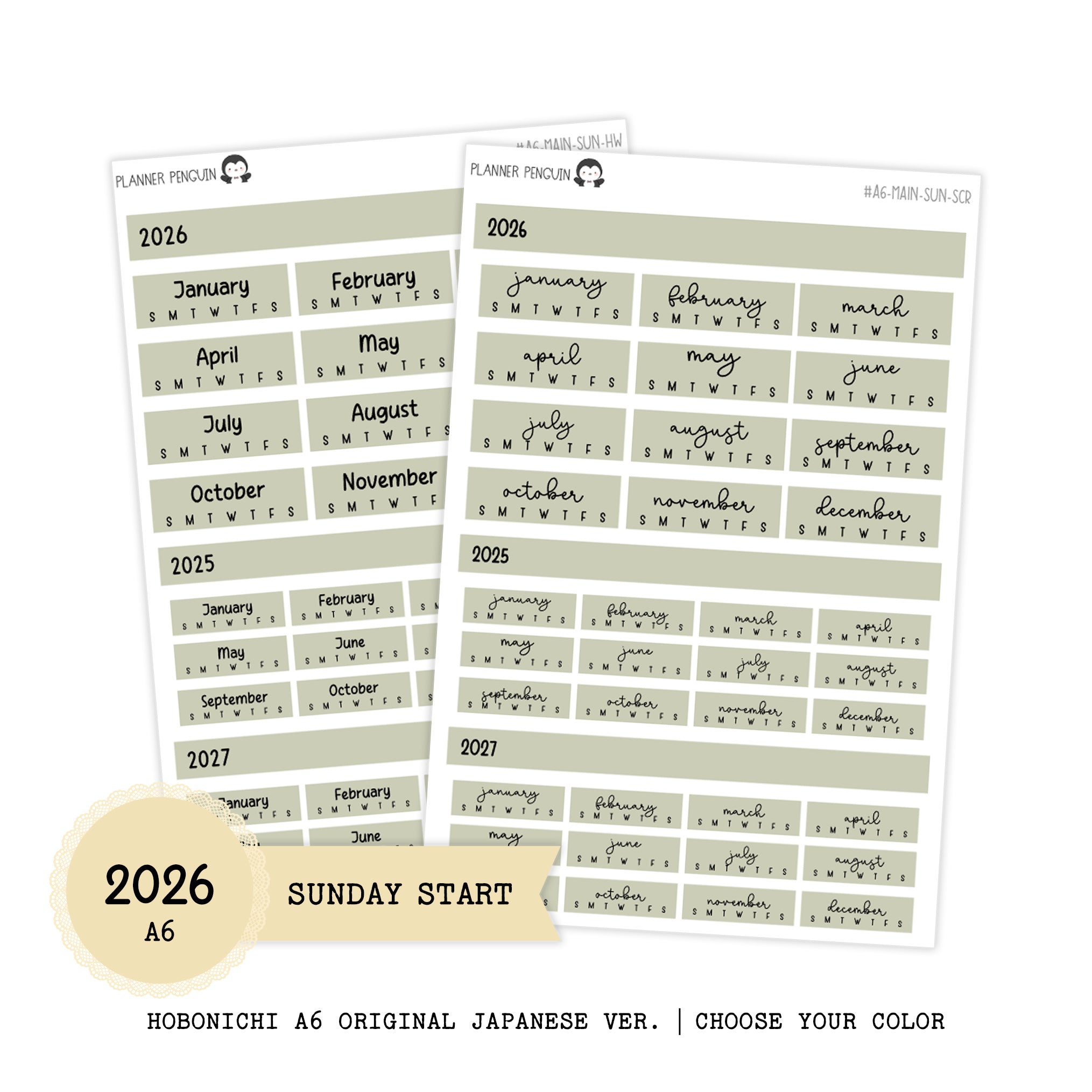 2026 Hobonichi A6 Original Japanese SUNDAY start Yearly view Stickers // #A6-SUNDAY-MAIN-COLOR