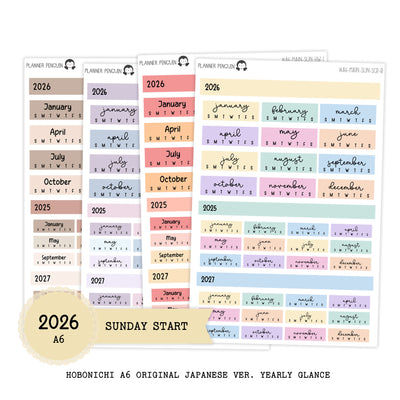 2026 Hobonichi A6 Original Japanese SUNDAY START Yearly view Stickers// #A6-SUNDAY-MAIN