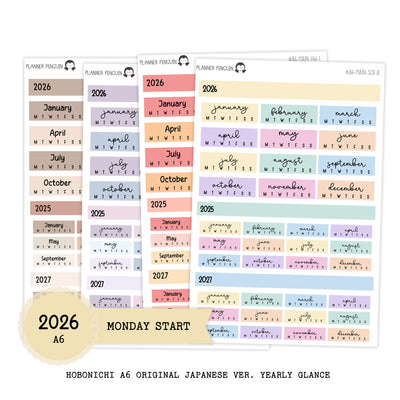 2026 Hobonichi A6 Original Japanese MONDAY START Yearly view Stickers// #A6-MAIN