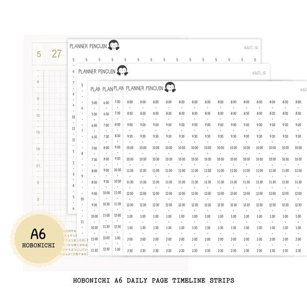 Hobonichi A6 ORIGINAL Daily Timeline Strips  | 5AM | 6AM | 7AM | 8AM | Planner Stickers  | A6 TECHO #A6TL-B&W