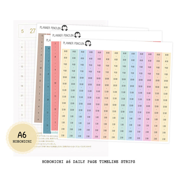 Hobonichi A6 ORIGINAL Daily Timeline Strips  | 5AM | 6AM | 7AM | 8AM | Planner Stickers  | A6 TECHO  #A6TL-COLOR
