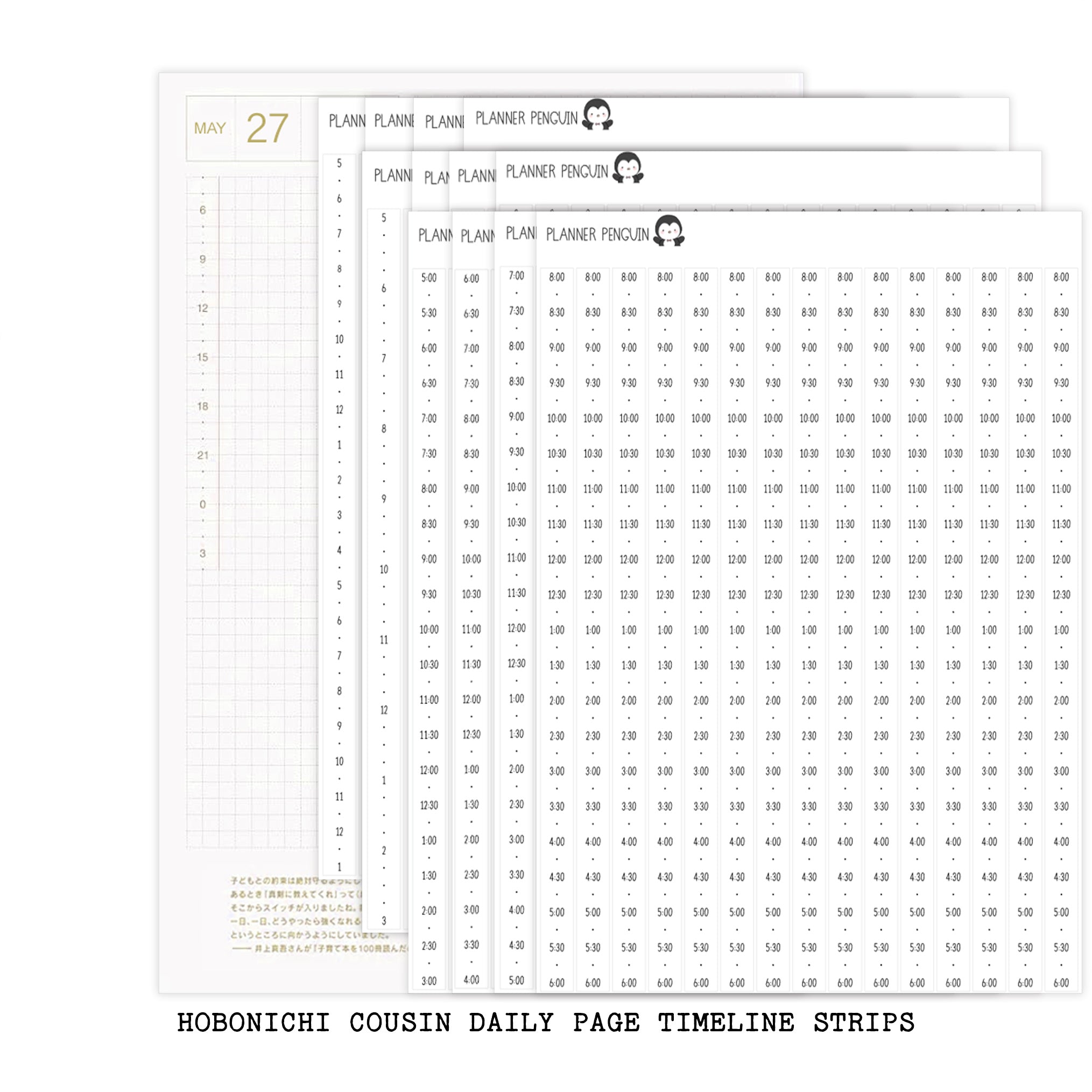 Hobonichi Cousin A5 Daily Timeline Strips | 5AM | 6AM | 7AM | 8AM | Planner Stickers | Cousin A5 #HDTL-B&W
