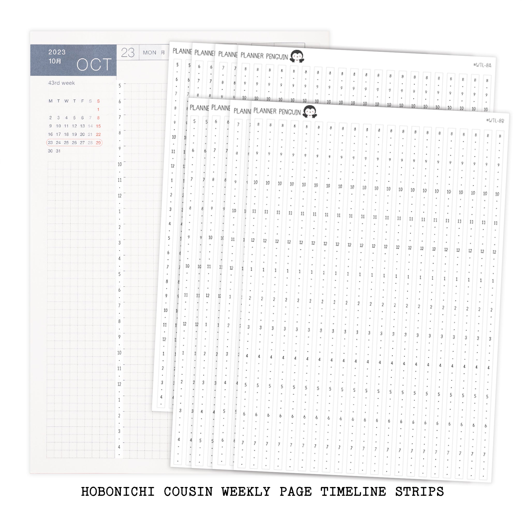 Hobonichi Cousin A5 Weekly Timeline Strips | 5AM | 6AM | 7AM | 8AM | Planner Stickers | #WTL-B&W