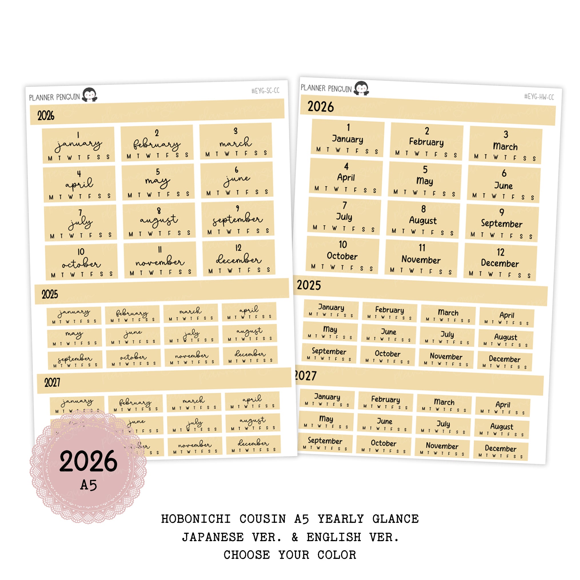 2026 Hobonichi Cousin A5 Yearly view Stickers| English Version | #HB-YG-ENGM-COLOR