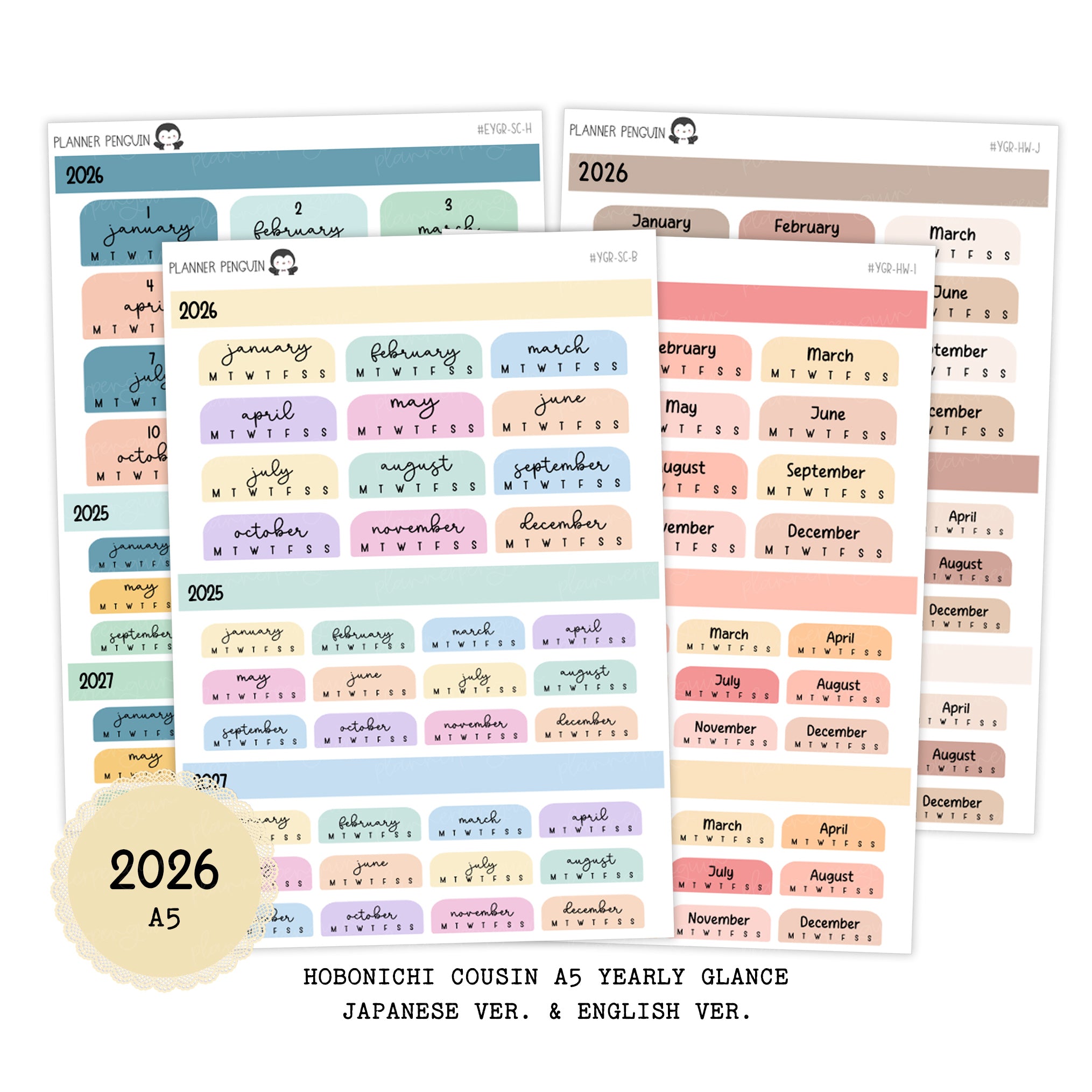 2026 Hobonichi Cousin A5 Yearly view Stickers| Japanese and English Version | Year at glance Stickers| Cousin A5 #HB-YG-ROUND