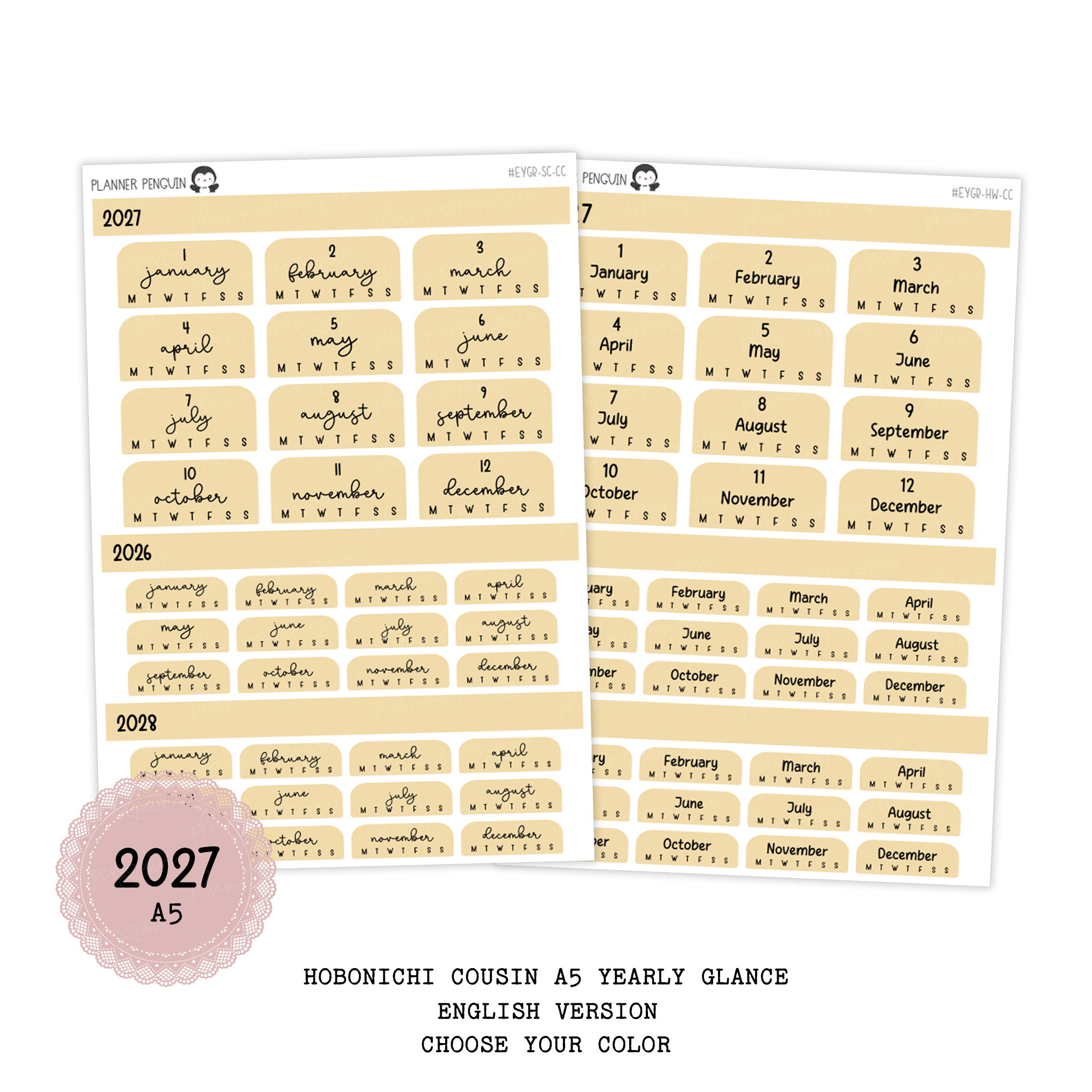 2027 Hobonichi Cousin A5 Yearly view Stickers| English Version | #HB-YG-ENGR-COLOR